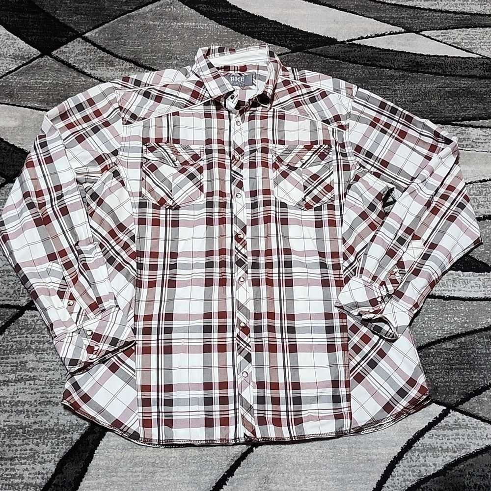 BKE ATHLETIC FIT PLAID SNAP-BUTTON LONG-SLEEVED SHIRT XXL